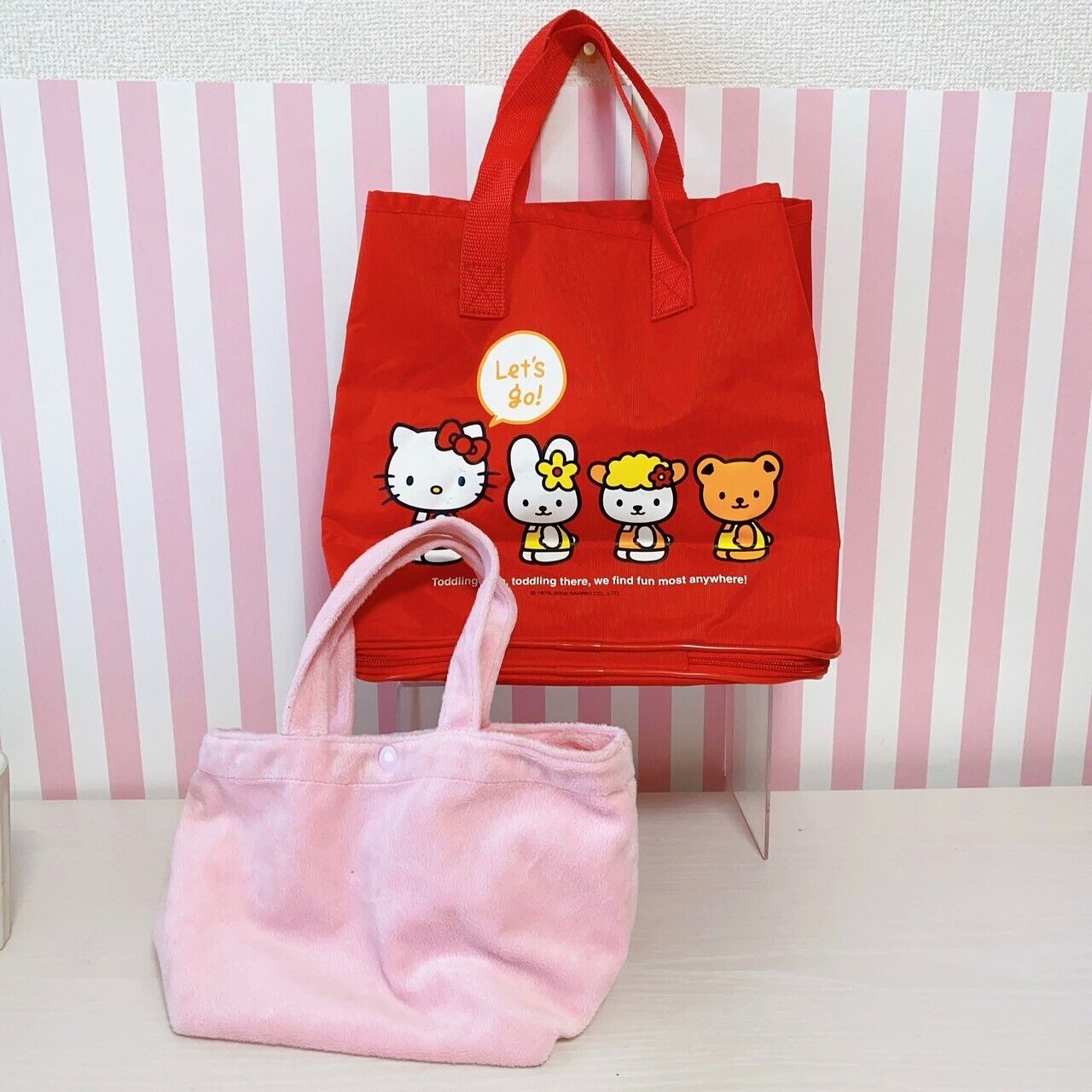 Sanrio Hello Kitty Swimming Pool Tote Bag Set 2 Red Pink Face Ribbon Kids Friend