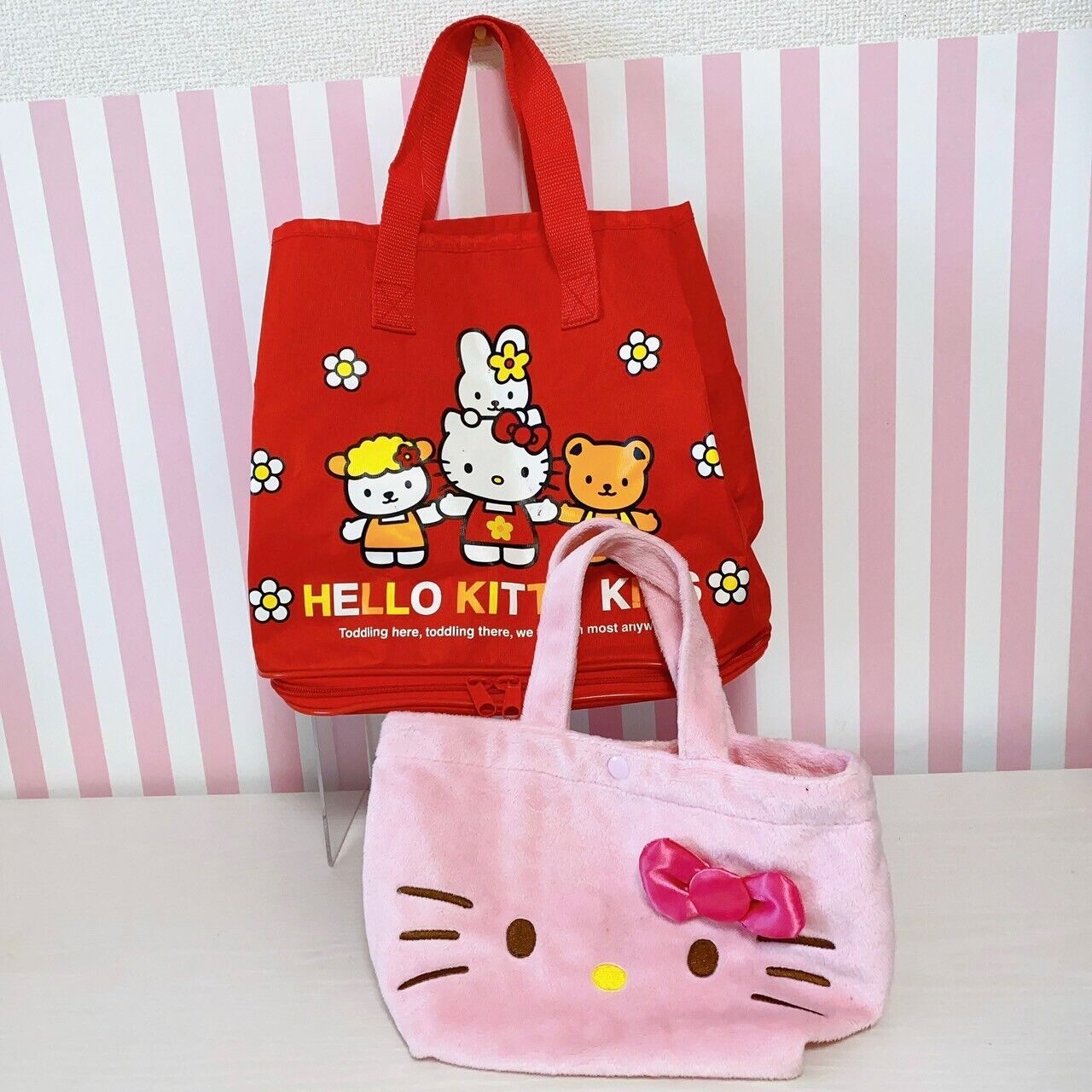 Sanrio Hello Kitty Swimming Pool Tote Bag Set 2 Red Pink Face Ribbon Kids Friend