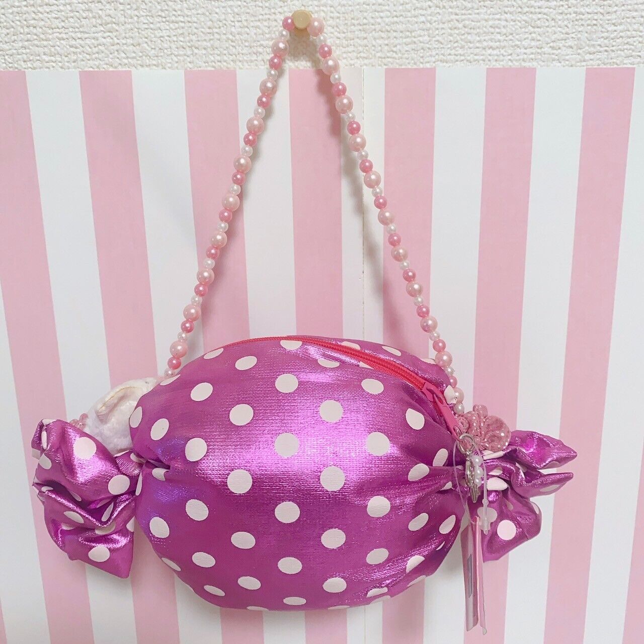 Sanrio Charmmy Charmy Kitty Bag Pouch Candy Pink Dot Pearl Ribbon Beads Kawaii