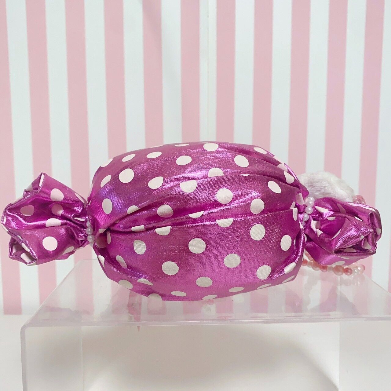 Sanrio Charmmy Charmy Kitty Bag Pouch Candy Pink Dot Pearl Ribbon Beads Kawaii