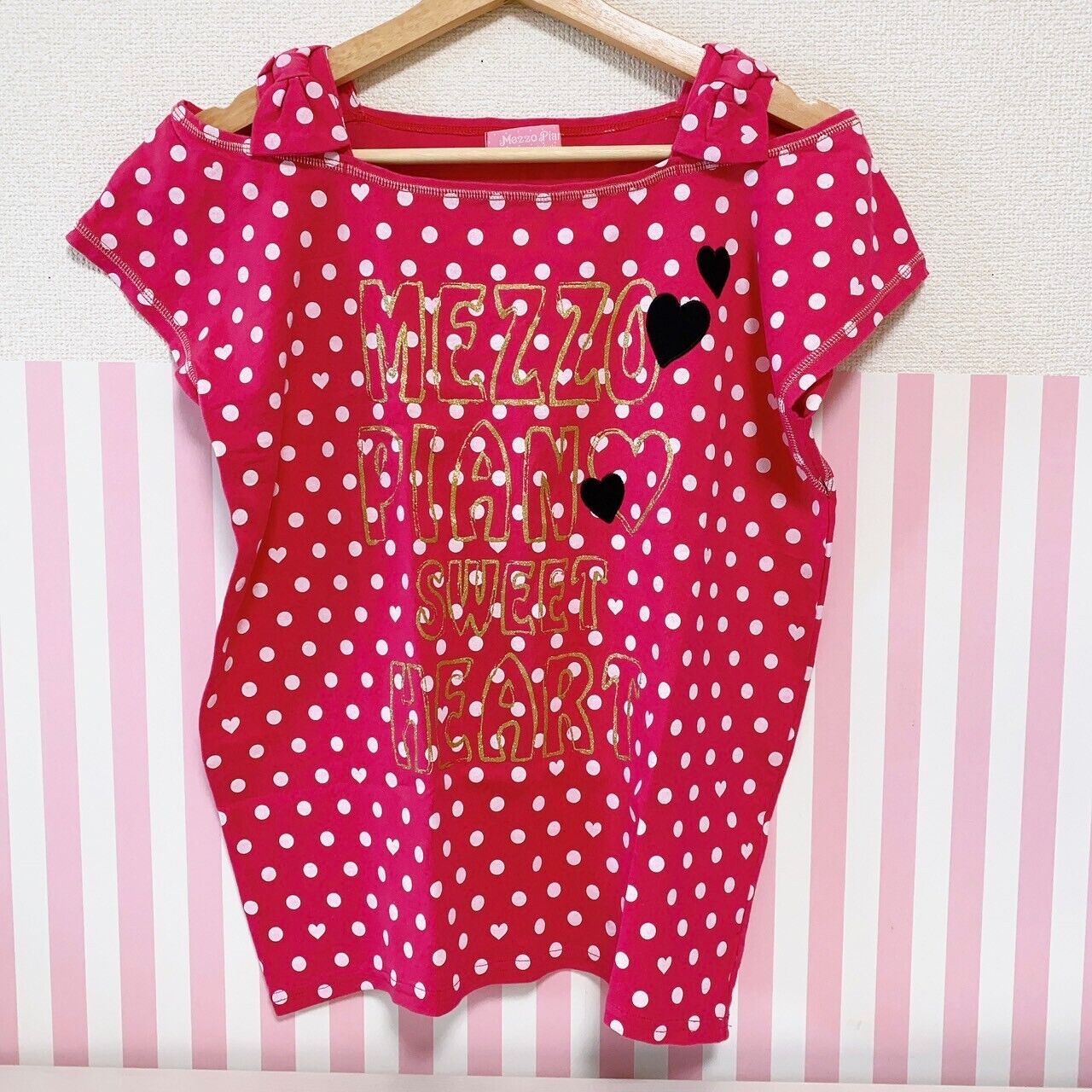 Mezzo Piano T-shirt Tops 160 Size Short Sleeve Red Heart Polka Dots Kawaii Rare