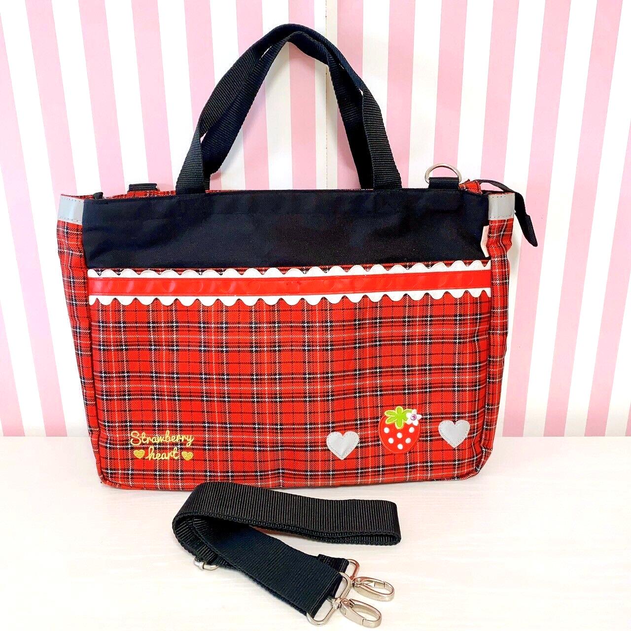 Mother Garden Shoulder School Bag Plaid Strawberry Red Heart Frill Kawaii Rare