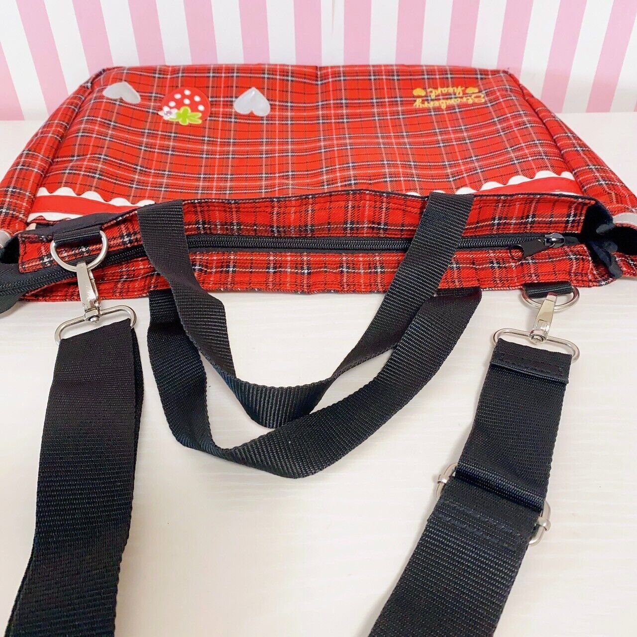 Mother Garden Shoulder School Bag Plaid Strawberry Red Heart Frill Kawaii Rare