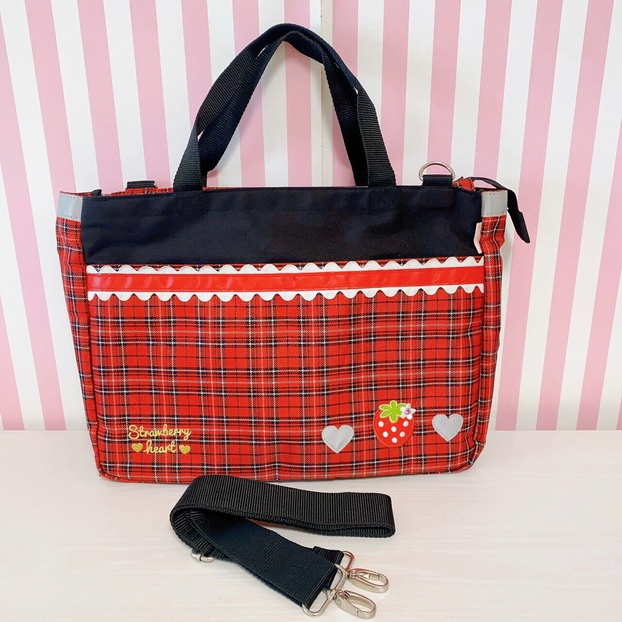 Mother Garden Shoulder School Bag Plaid Strawberry Red Heart Frill Kawaii Rare