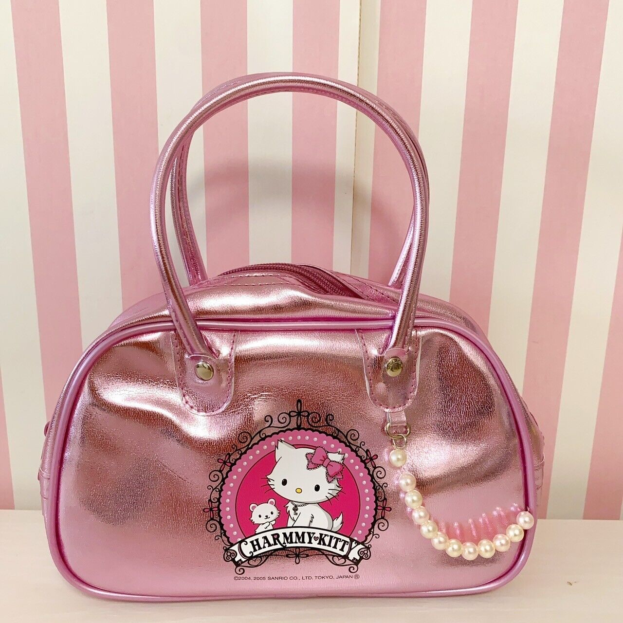 Sanrio Charmmy Charmy Kitty Boston Bag Pink Enamel Pearl White Cat Ribbon Rare