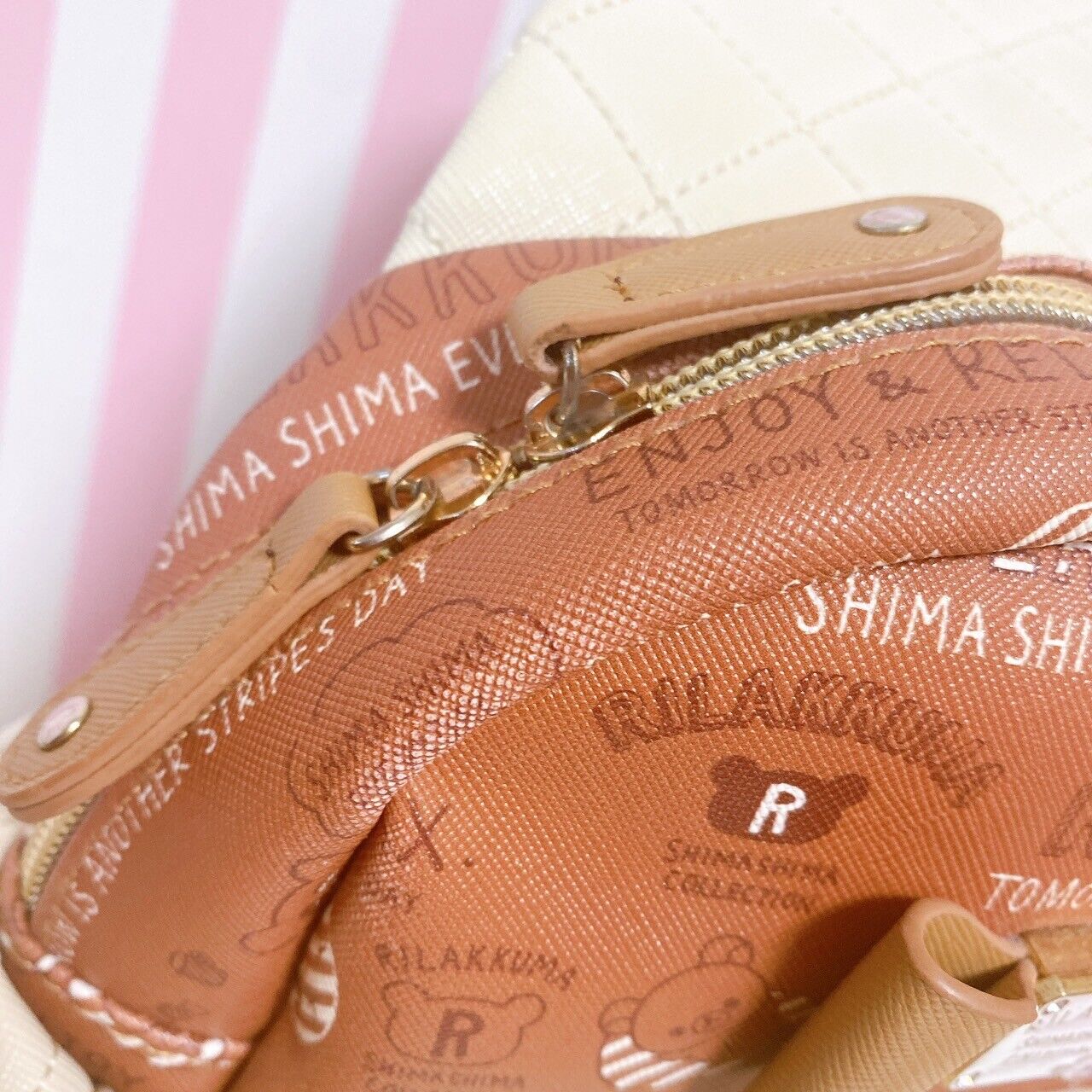 San-x Rilakkuma Body Bag Brown White Quilting Ribbon Shimashima Collection Rare