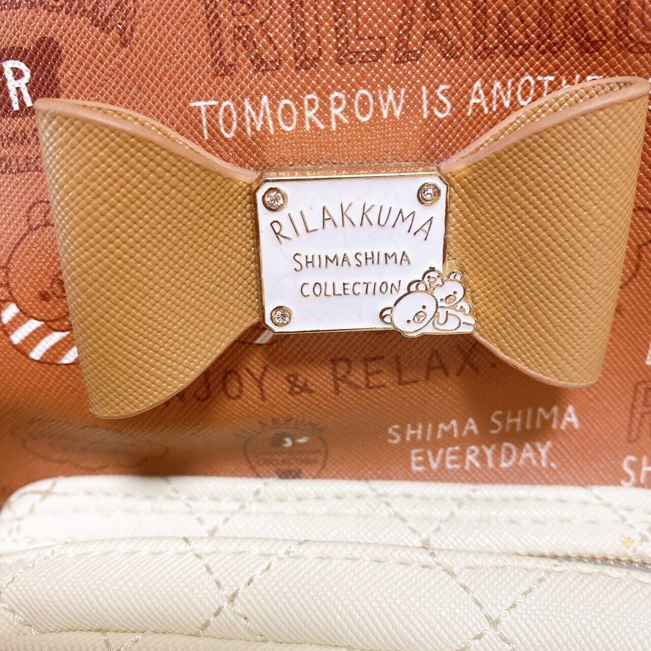 San-x Rilakkuma Body Bag Brown White Quilting Ribbon Shimashima Collection Rare