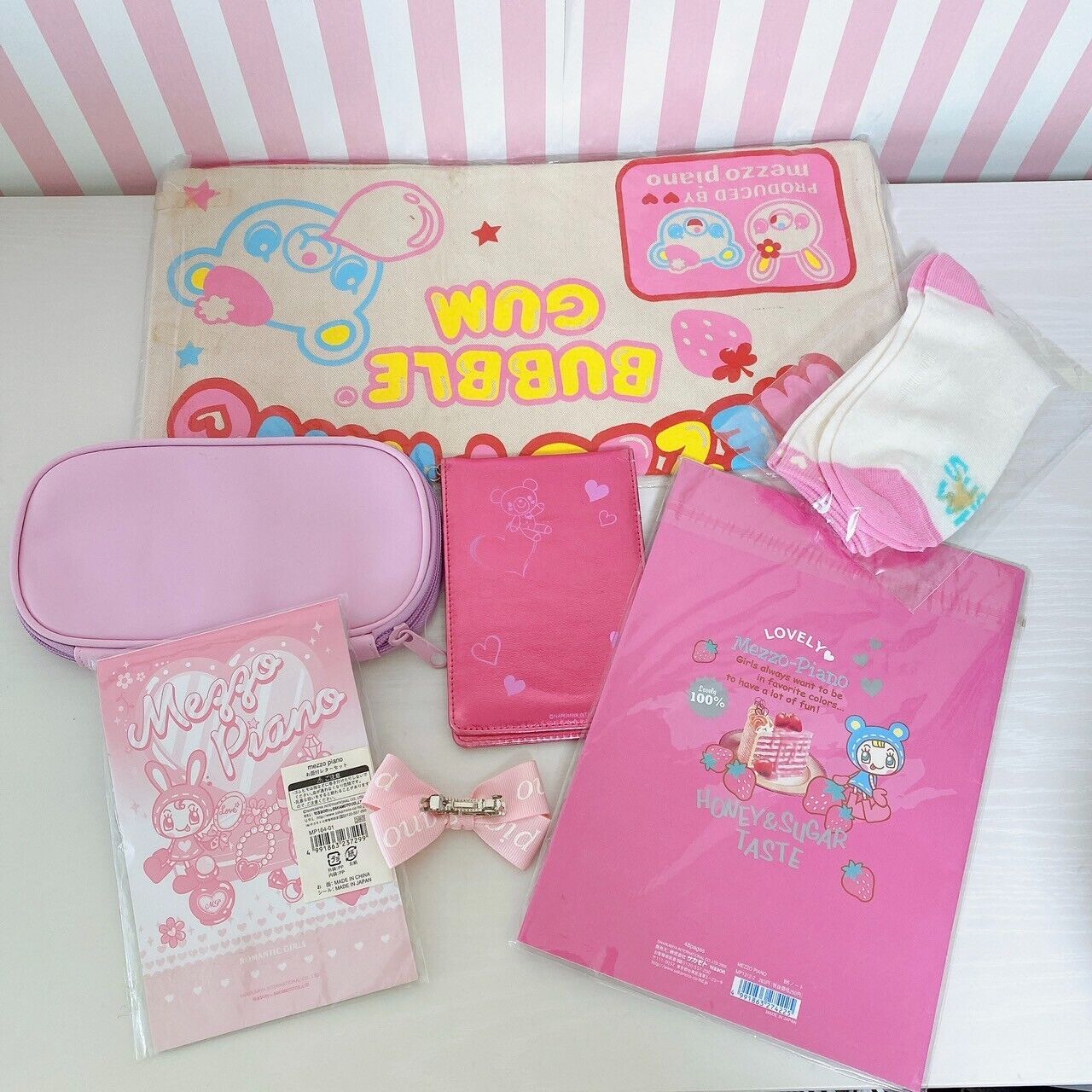 Mezzo Piano Pencil Case Stationery Set Pink Ribbon Card Letter Socks Pouch Rare