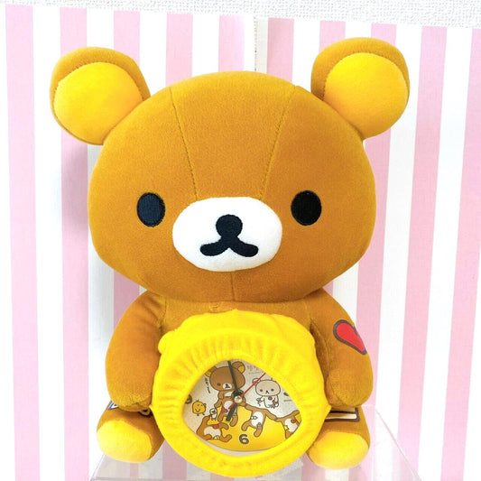 San-x Rilakkuma Plush Clock Soft Stuffed Toy Doll Bear Brown Fluffy Yellow Heart