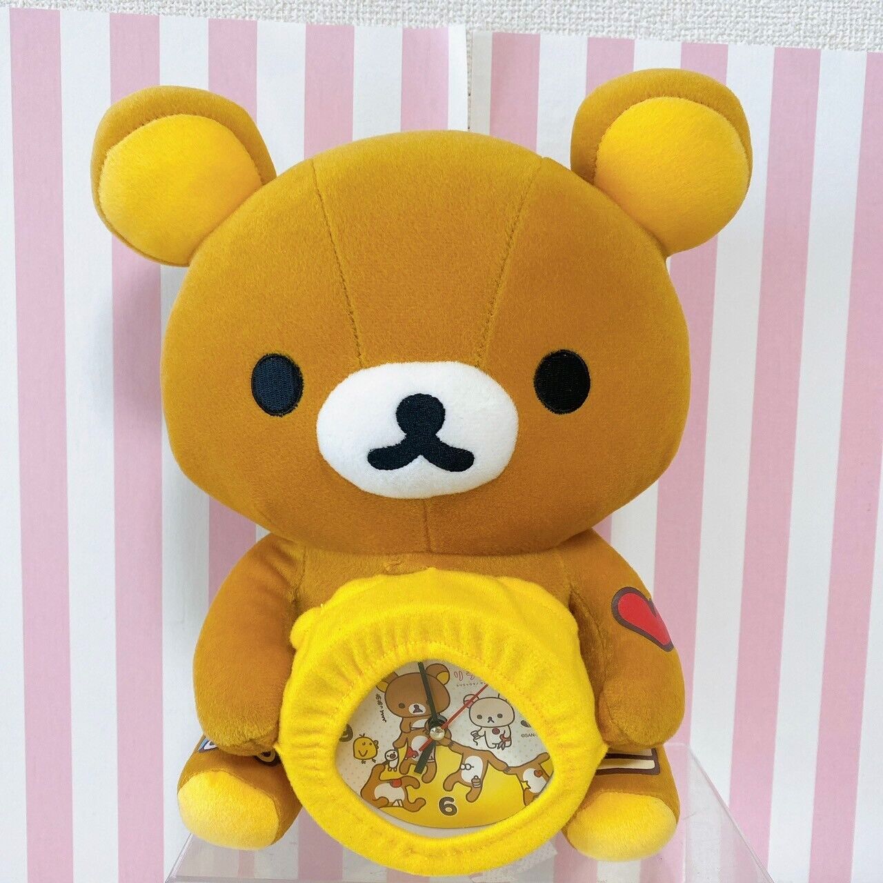 San-x Rilakkuma Plush Clock Soft Stuffed Toy Doll Bear Brown Fluffy Yellow Heart