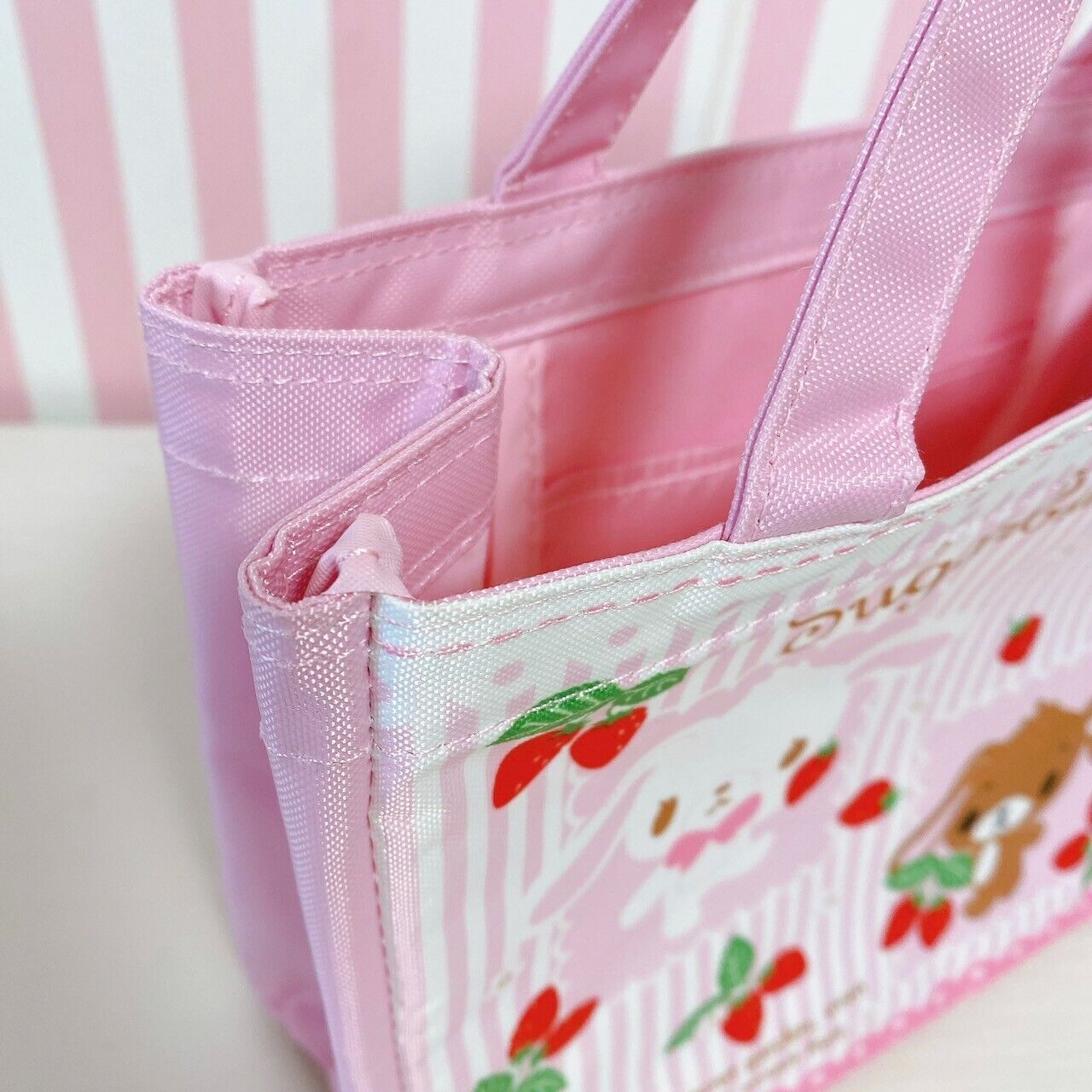 Sanrio Sugar Bunnies Tote Bag Handbag Pink Stripe Strawberry Shirousa Kurousa