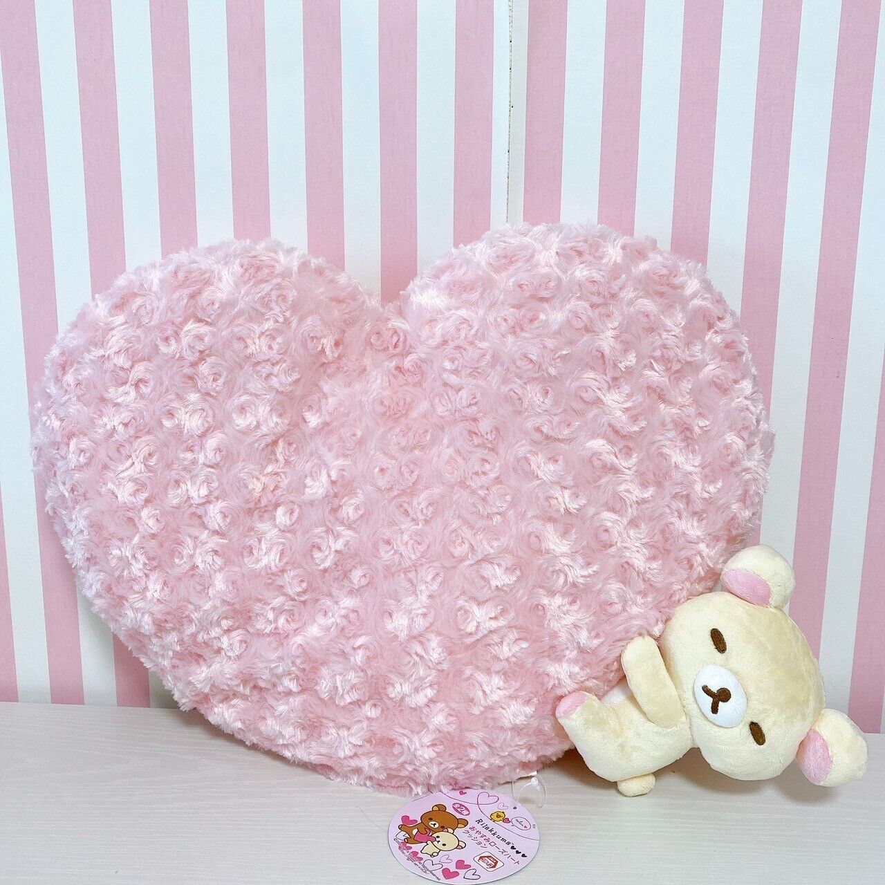 San-x Rilakkuma Korilakkuma Cushion Good Night Rose Heart Pink White Fluffy Bear