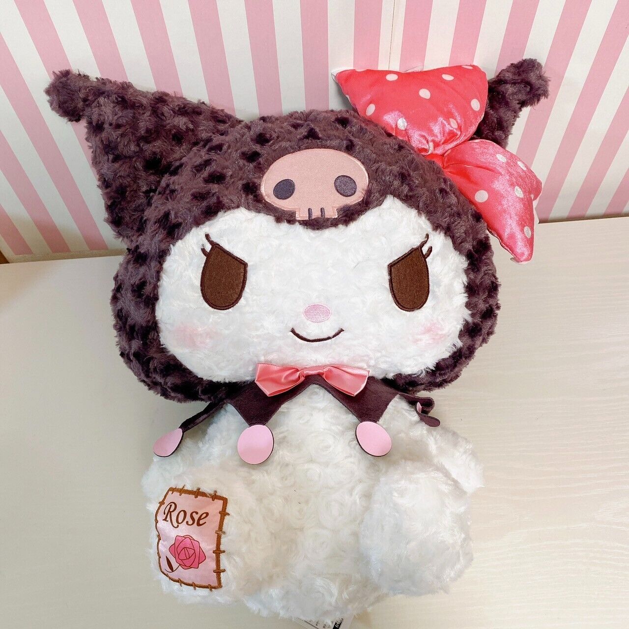 Sanrio Kuromi Plush Soft Stuffed Toy Ribbon Pink White Black Rose Boa Dot Kawaii