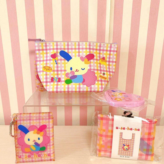 Sanrio Usahana Set Pouch  Eco Bag Multi Case Mirror Set Plaid Rabbit Pink Rare