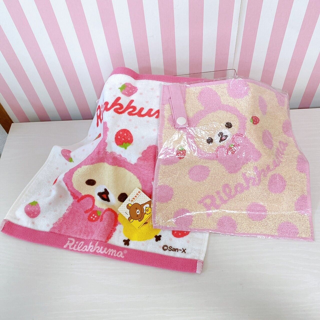 San-X Rilakkuma Korilakkuma Kiiroitori Hand Towel Set 2 Strawberry Pink Rabbit