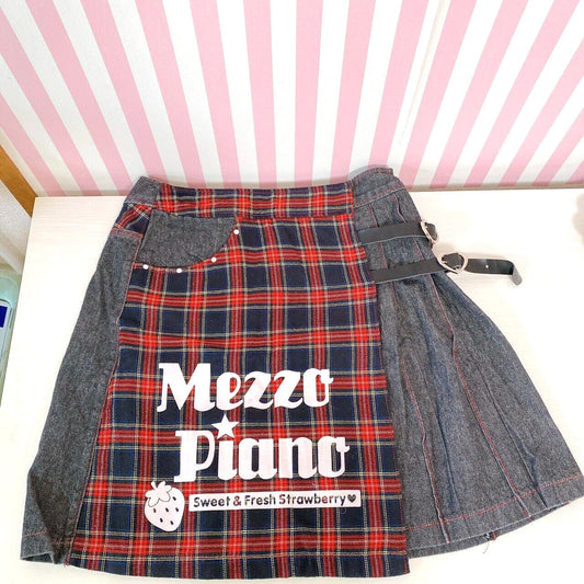 Mezzo Piano Wrap Skirt Black Red Plaid 160cm Strawberry Pleats Denim Heart Rare