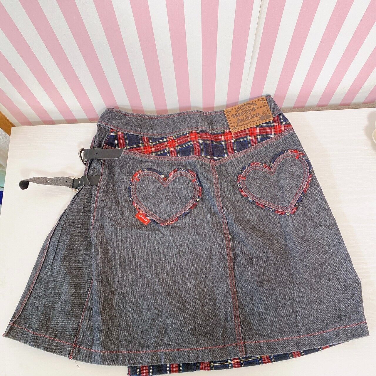 Mezzo Piano Wrap Skirt Black Red Plaid 160cm Strawberry Pleats Denim Heart Rare