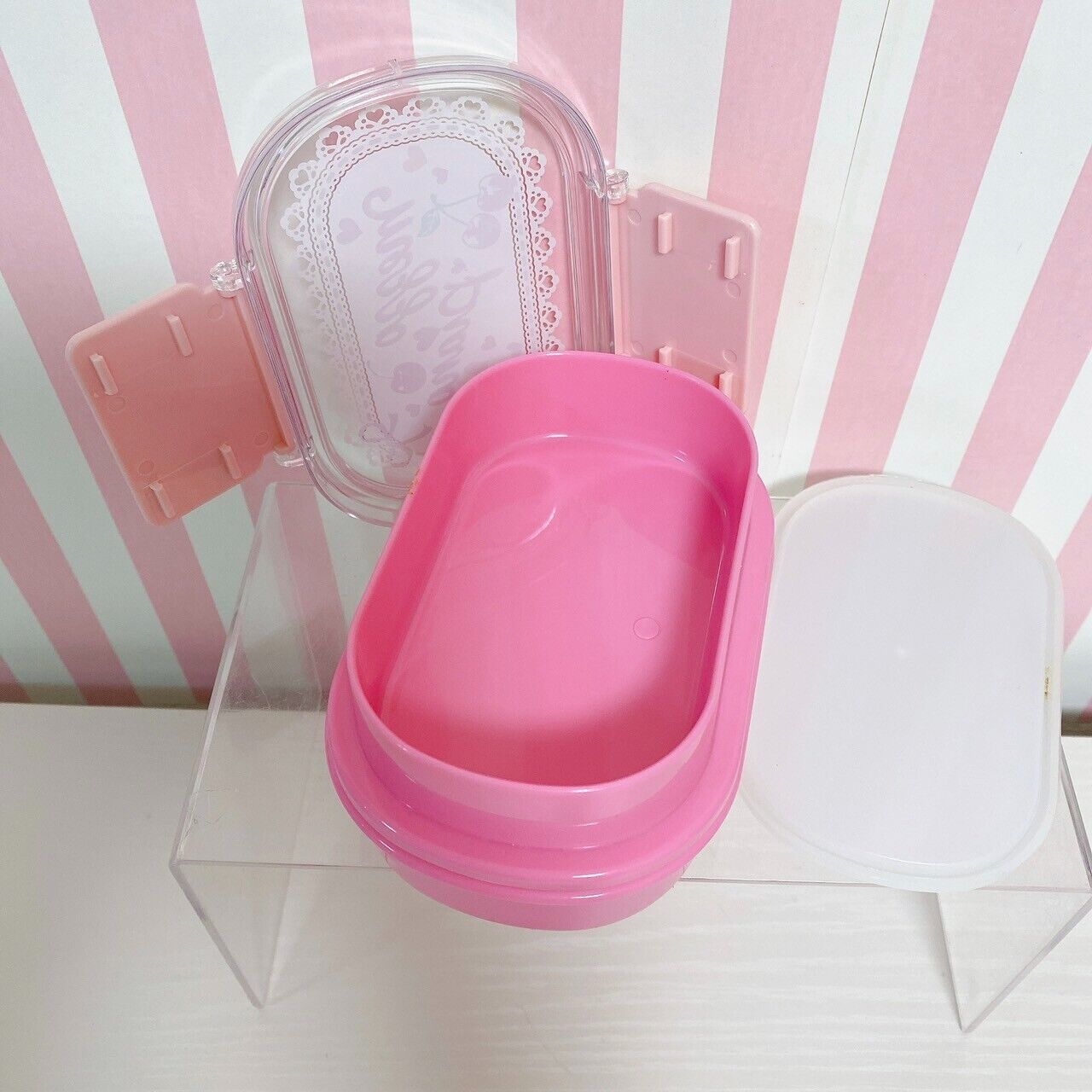 Mezzo Piano Lunch Box Two-Tier Bento Pink Cherry Ribbon Heart Obento Kawaii Rare