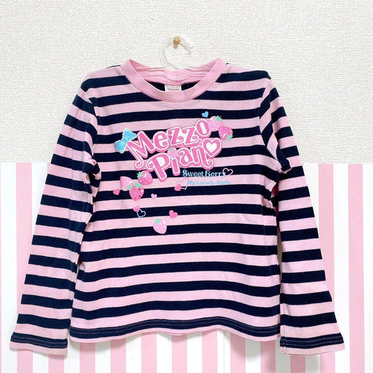 Mezzo Piano Long Sleeve T-Shirt Tops 120cm Pink Black Stripe Strawberry Ribbon