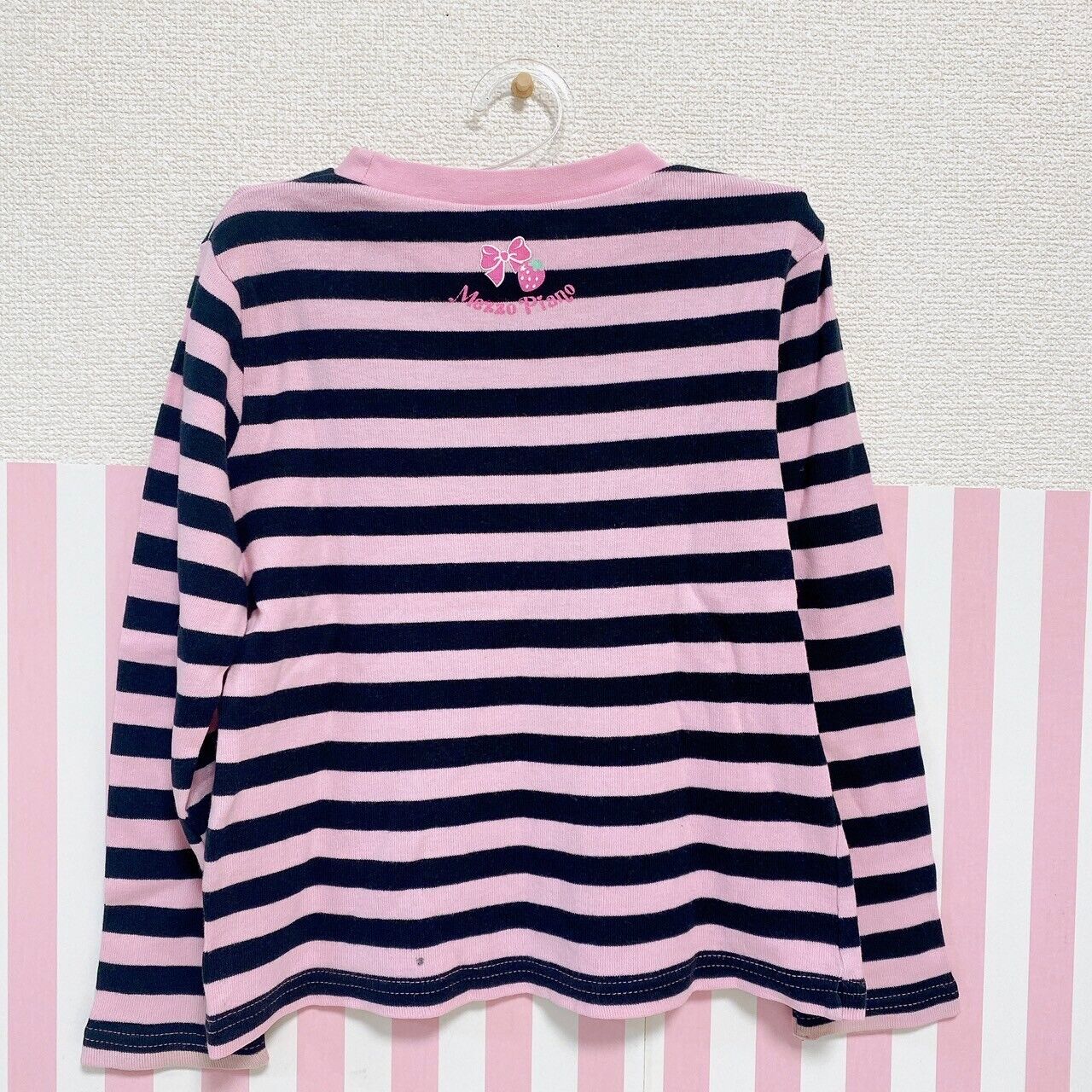 Mezzo Piano Long Sleeve T-Shirt Tops 120cm Pink Black Stripe Strawberry Ribbon