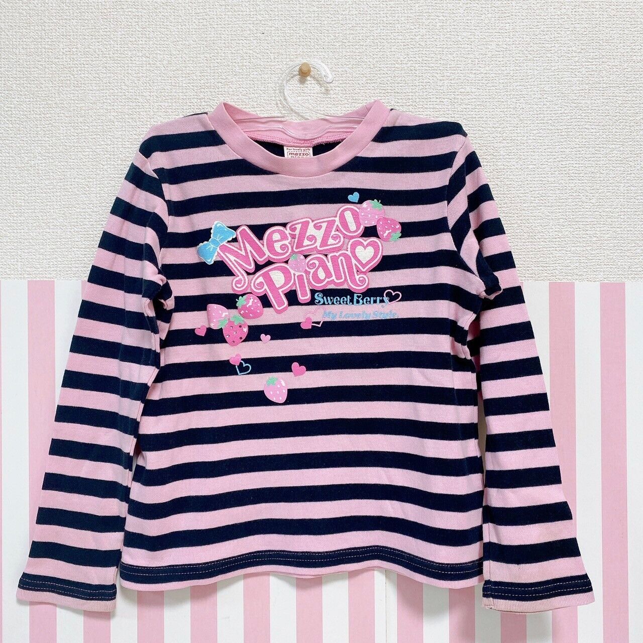 Mezzo Piano Long Sleeve T-Shirt Tops 120cm Pink Black Stripe Strawberry Ribbon