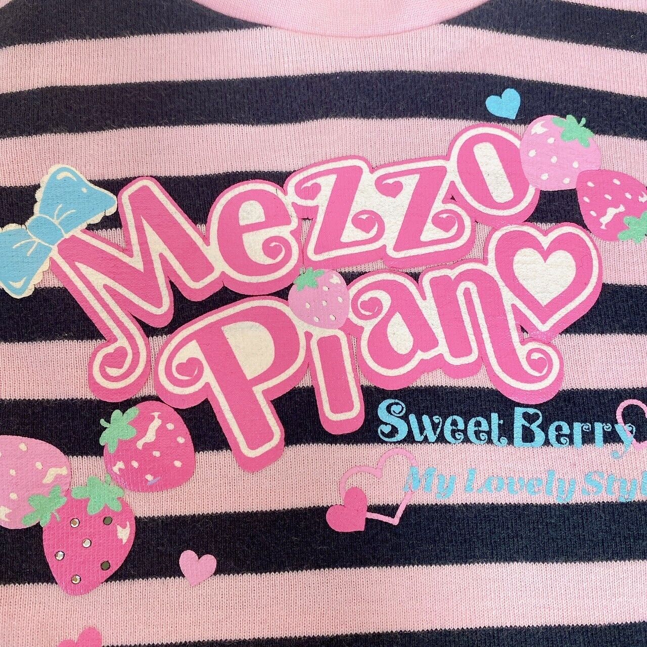 Mezzo Piano Long Sleeve T-Shirt Tops 120cm Pink Black Stripe Strawberry Ribbon