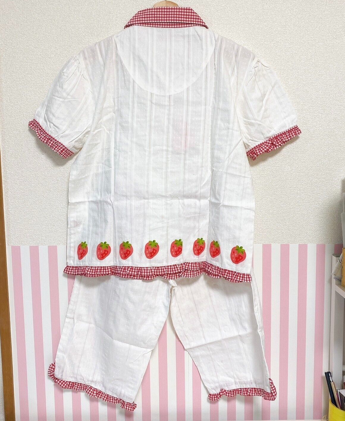 Mother Garden Short Sleeve Pajamas White Red Strawberry Ginghamcheck M Kawaii