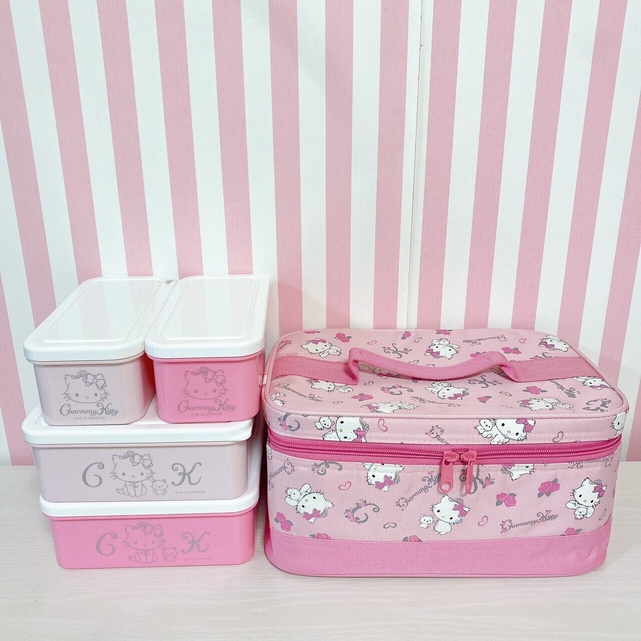 Sanrio Charmmy Charmy Kitty Picnic Set Lunch Box Bag Pink Cat Rose Kawaii Rare