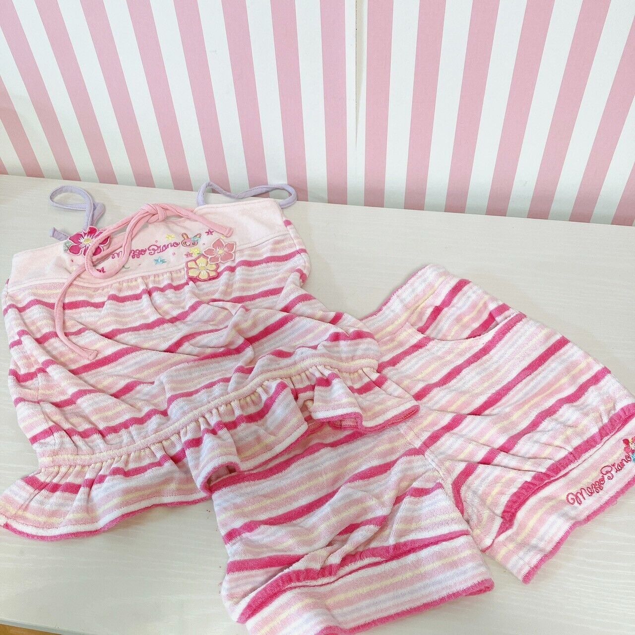 Mezzo Piano Camisole Shorts Pants Set 120cm Pink Stripe Border Hibiscus Kids