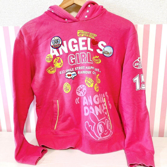 Angel Blue Kids Hoodie 160cm Pink Hood Girls Rabbit Star Pocket Patch Kawaii