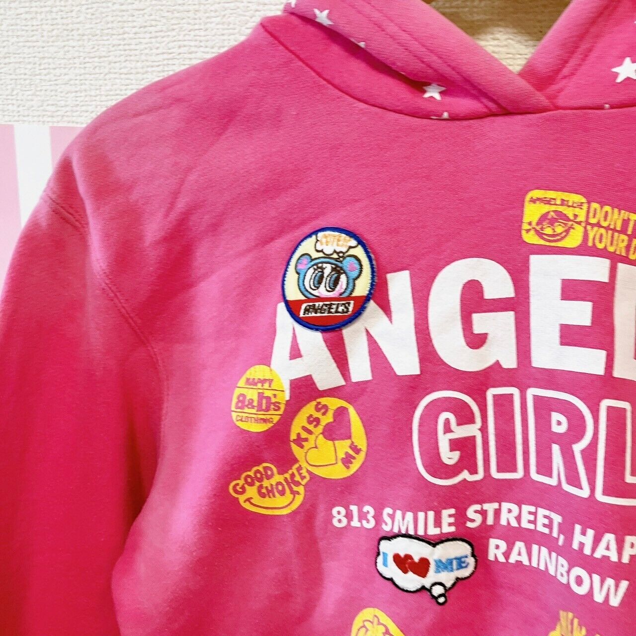 Angel Blue Kids Hoodie 160cm Pink Hood Girls Rabbit Star Pocket Patch Kawaii