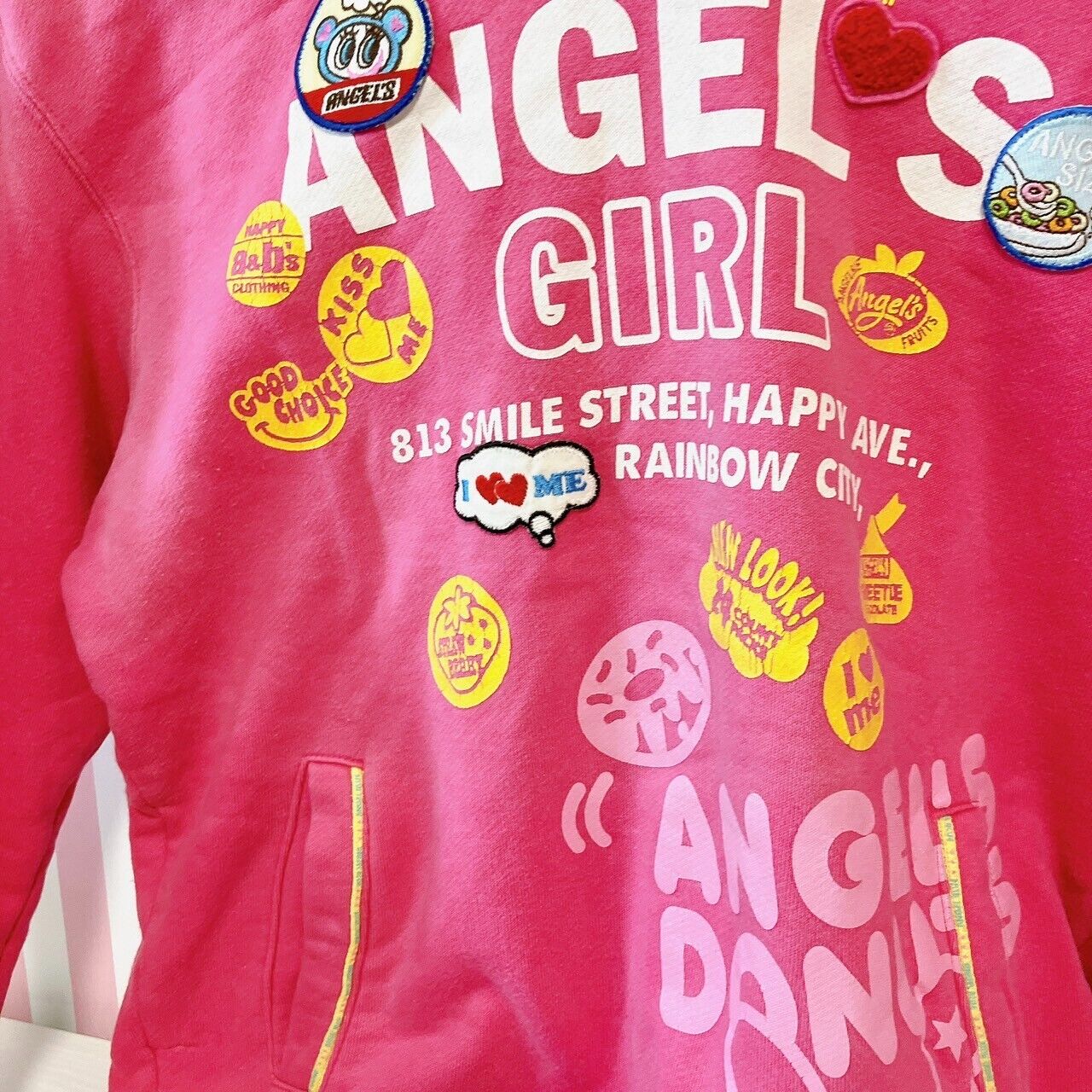 Angel Blue Kids Hoodie 160cm Pink Hood Girls Rabbit Star Pocket Patch Kawaii