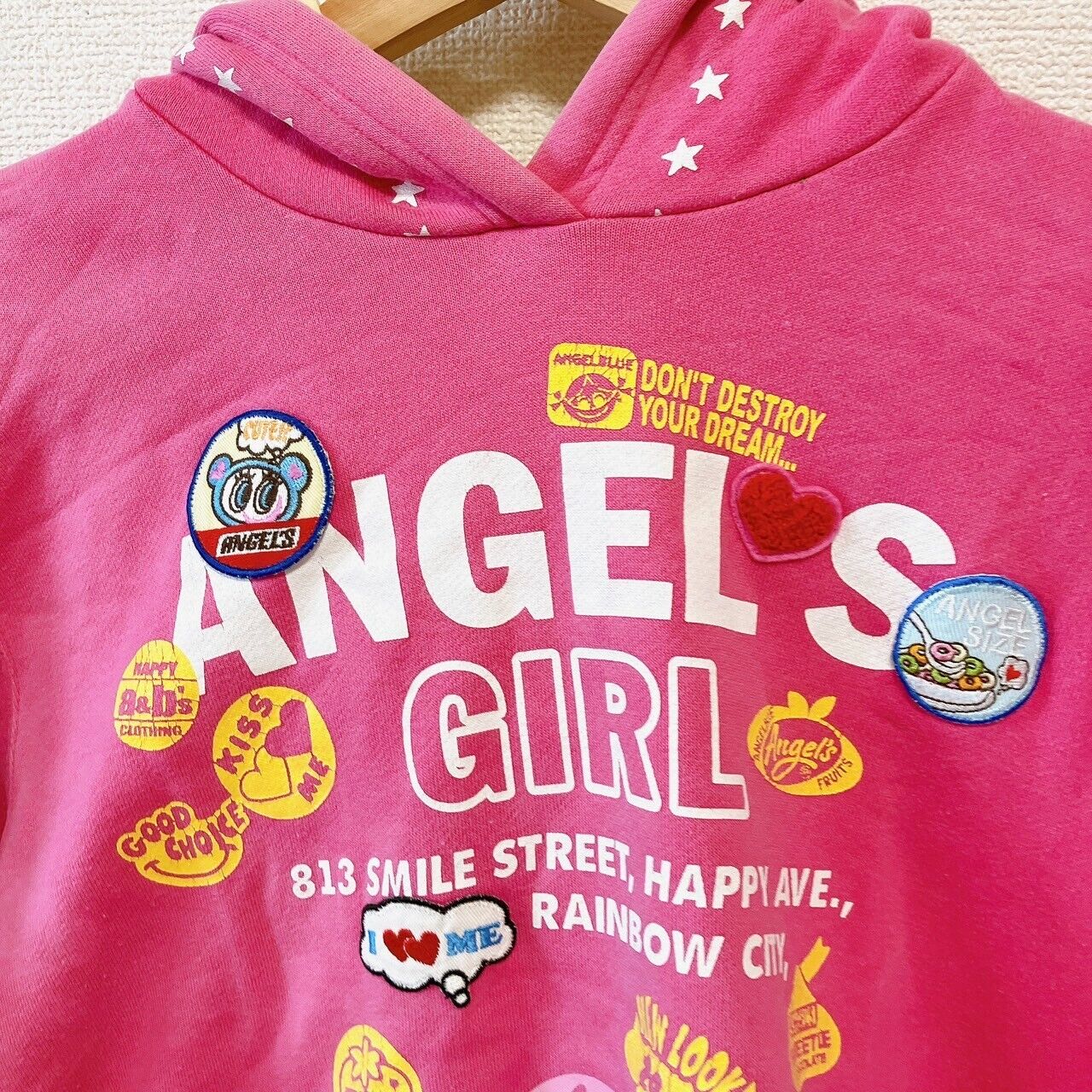 Angel Blue Kids Hoodie 160cm Pink Hood Girls Rabbit Star Pocket Patch Kawaii