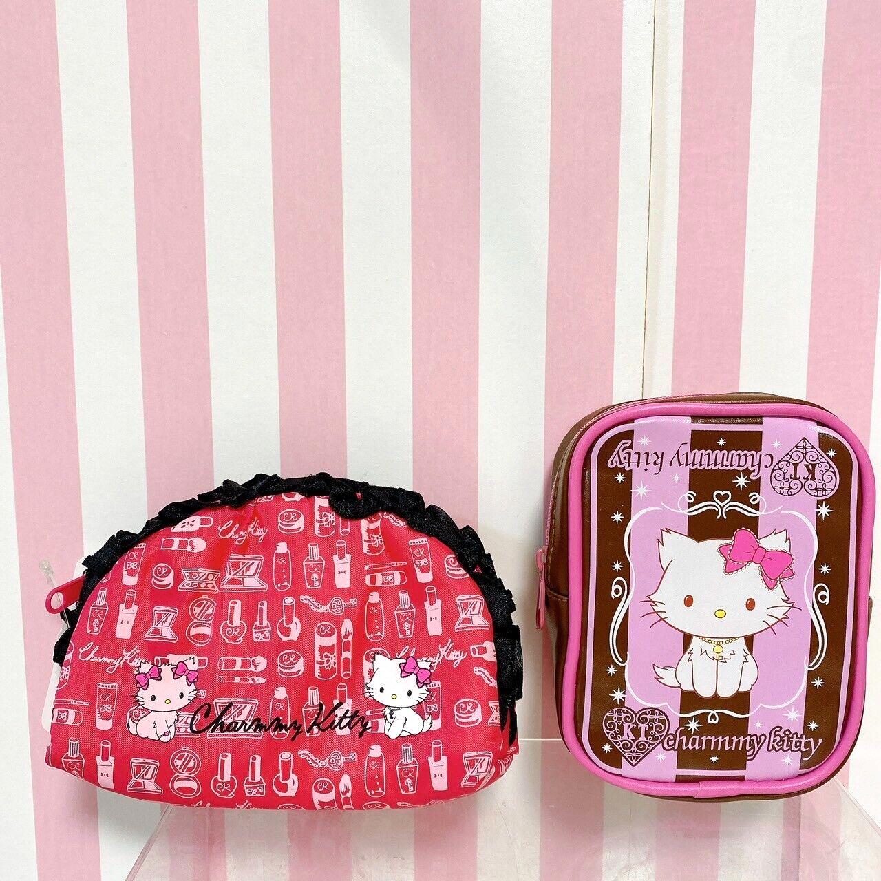 Sanrio Charmmy Charmy Kitty Pouch Set 2 Cosmetic Red Frill Pink Brown Stripe