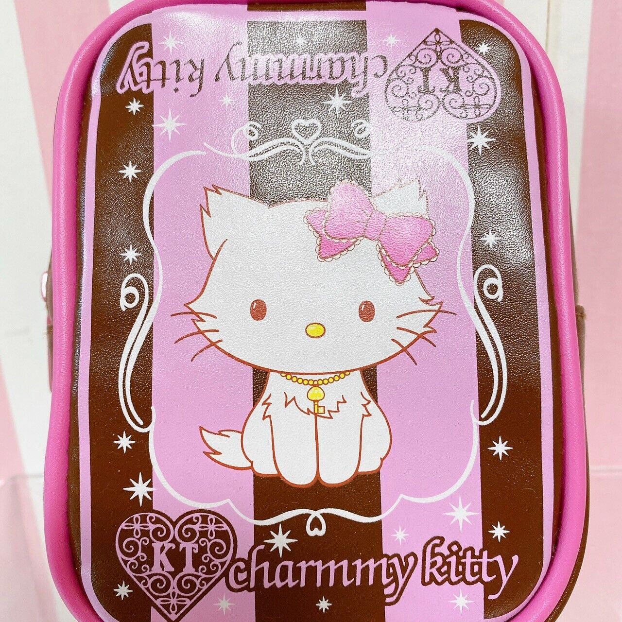 Sanrio Charmmy Charmy Kitty Pouch Set 2 Cosmetic Red Frill Pink Brown Stripe