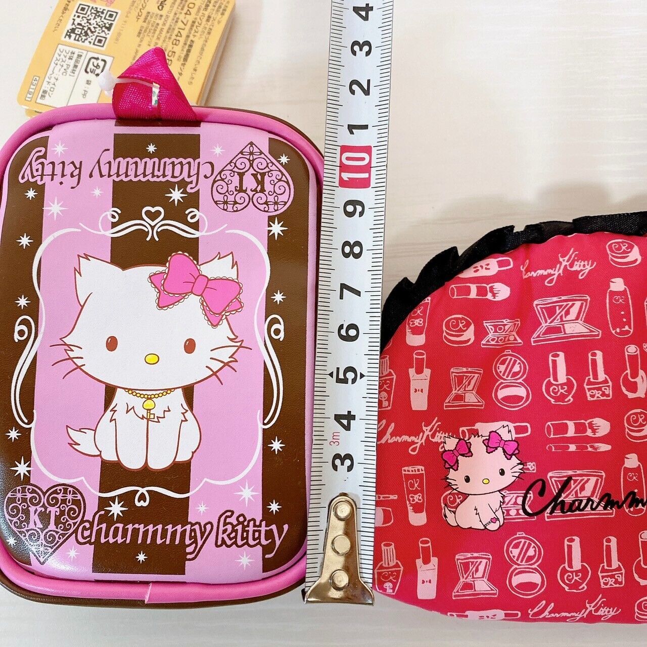 Sanrio Charmmy Charmy Kitty Pouch Set 2 Cosmetic Red Frill Pink Brown Stripe