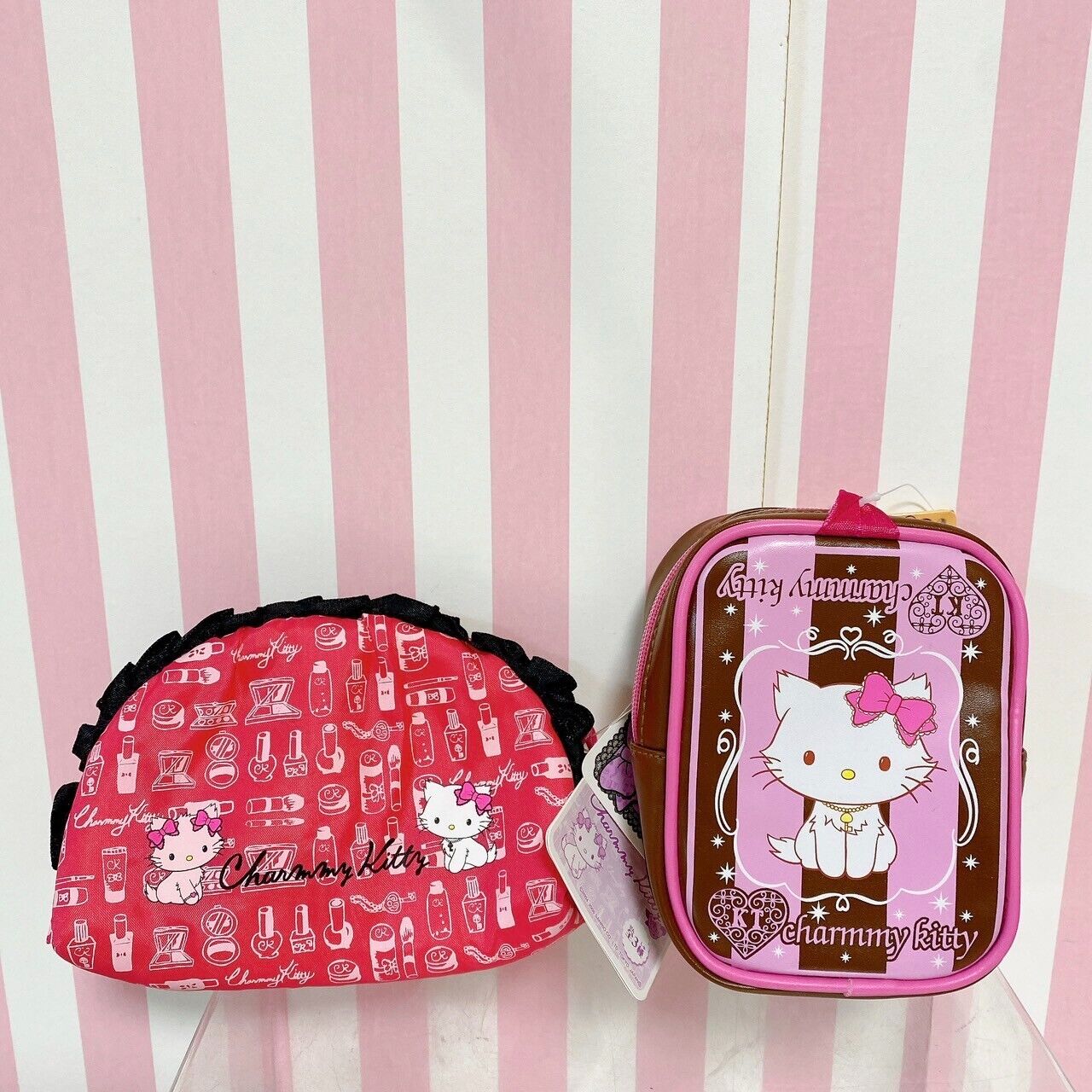 Sanrio Charmmy Charmy Kitty Pouch Set 2 Cosmetic Red Frill Pink Brown Stripe