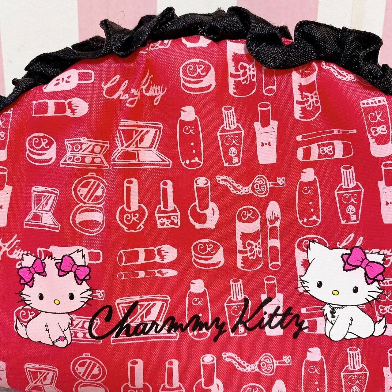 Sanrio Charmmy Charmy Kitty Pouch Set 2 Cosmetic Red Frill Pink Brown Stripe