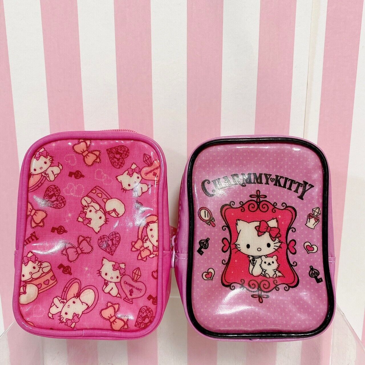 Sanrio Charmmy Charmy Kitty Pouch Set 2 Pink Square Ribbon Cat Cosmetic Kawaii