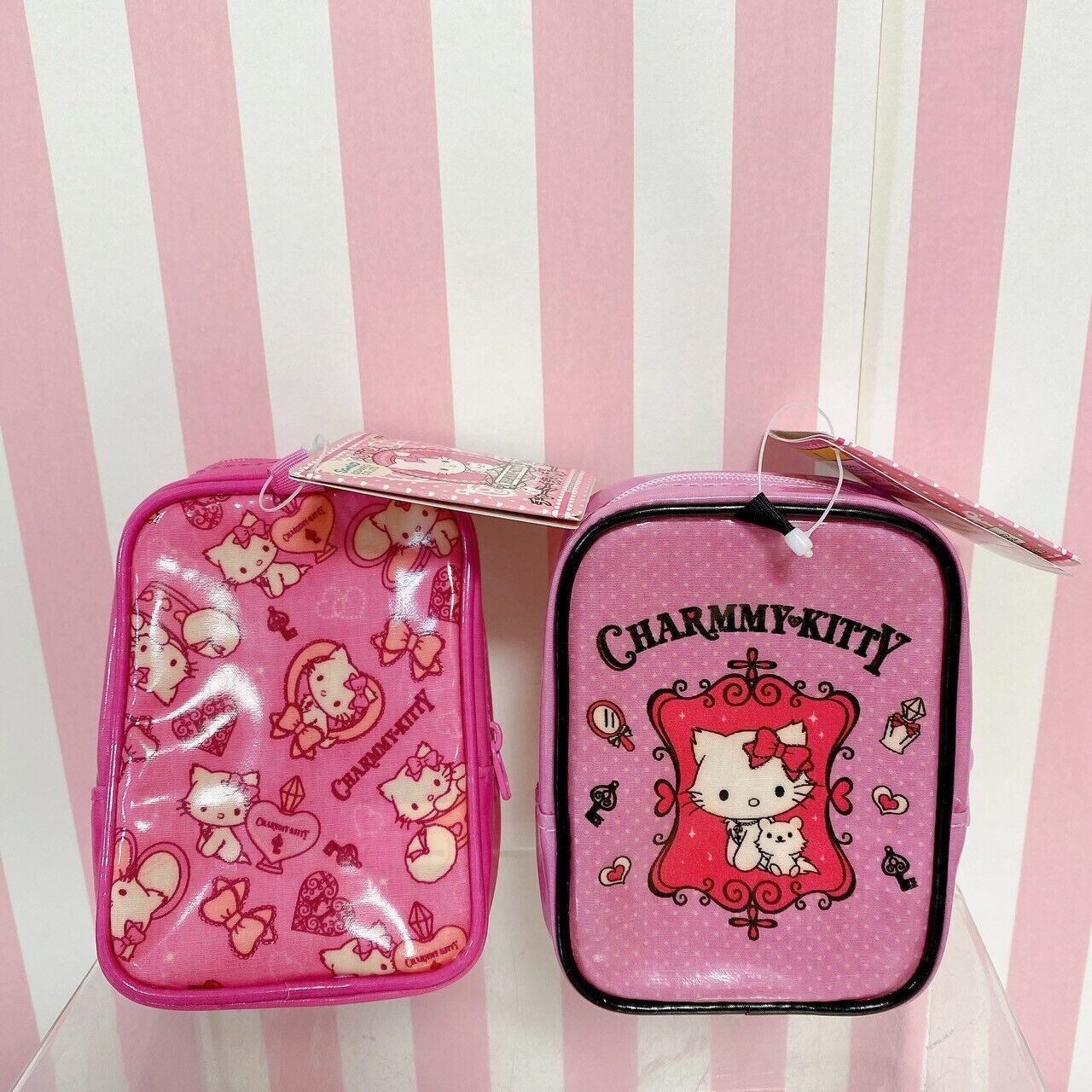 Sanrio Charmmy Charmy Kitty Pouch Set 2 Pink Square Ribbon Cat Cosmetic Kawaii