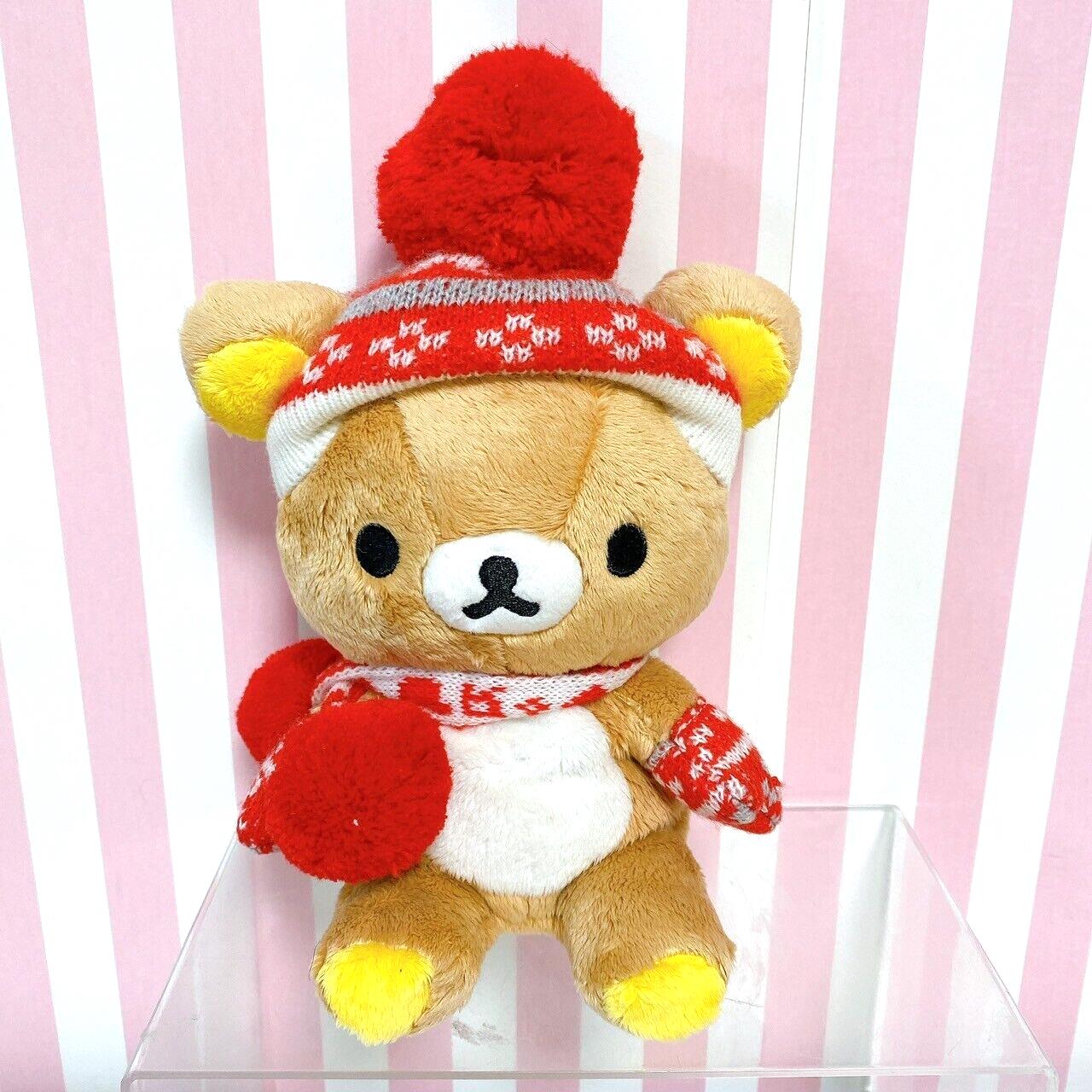 San-X Rilakkuma Plush Soft Stuffed Toy Bear Red Heart Knit Hat Cap Muffler Brown