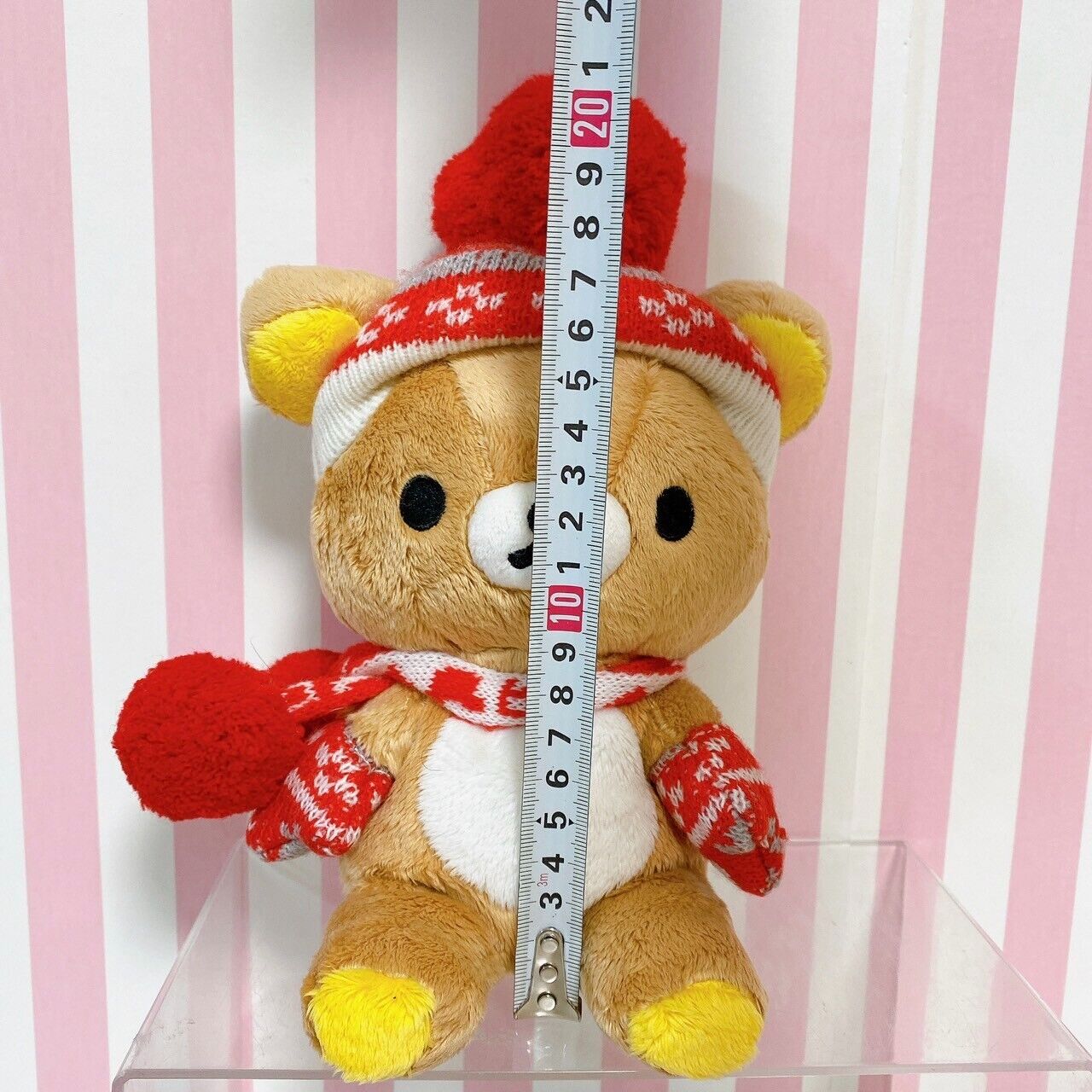 San-X Rilakkuma Plush Soft Stuffed Toy Bear Red Heart Knit Hat Cap Muffler Brown