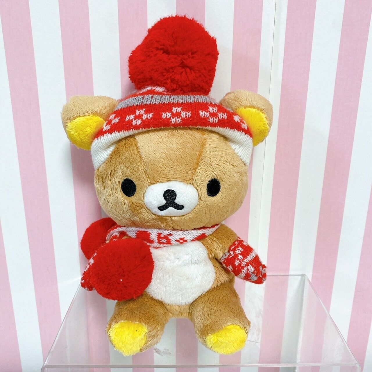 San-X Rilakkuma Plush Soft Stuffed Toy Bear Red Heart Knit Hat Cap Muffler Brown