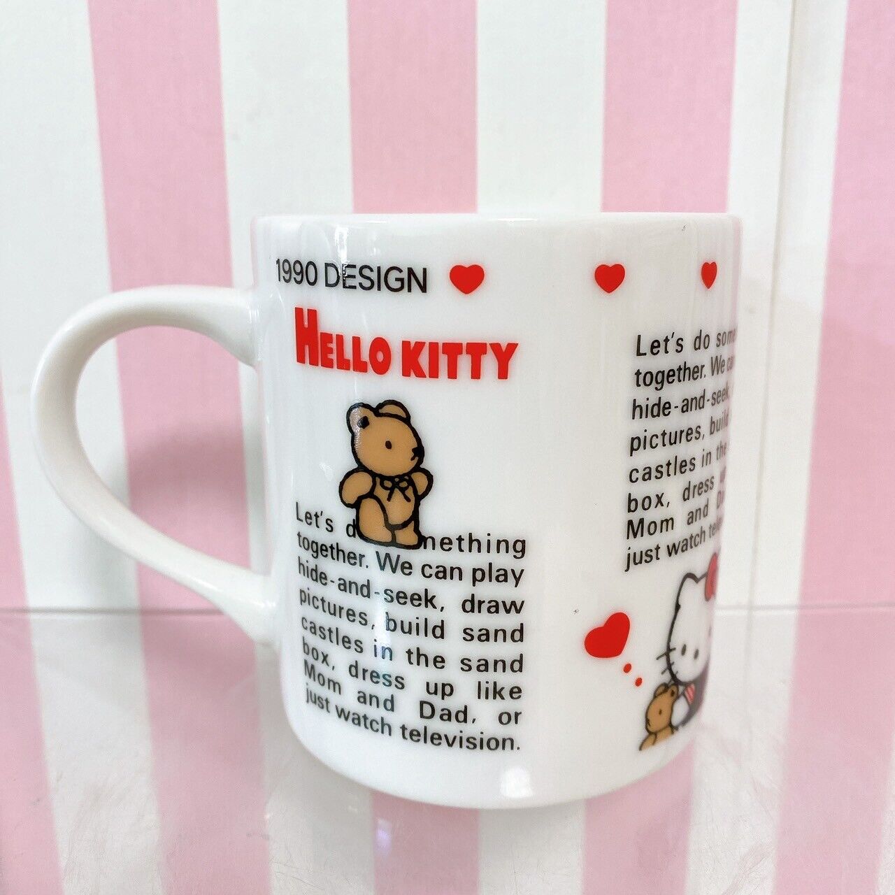 Sanrio Hello Kitty Mug Cup White Red Heart Cat Bear 1990 Design Vintage Rare