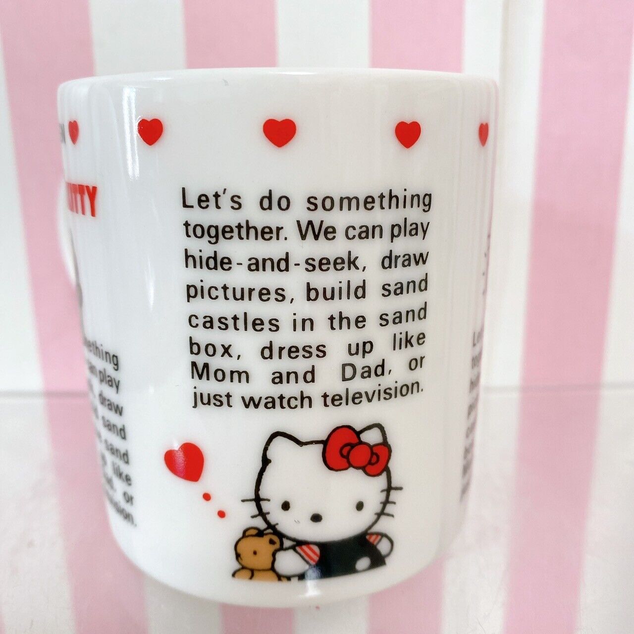 Sanrio Hello Kitty Mug Cup White Red Heart Cat Bear 1990 Design Vintage Rare