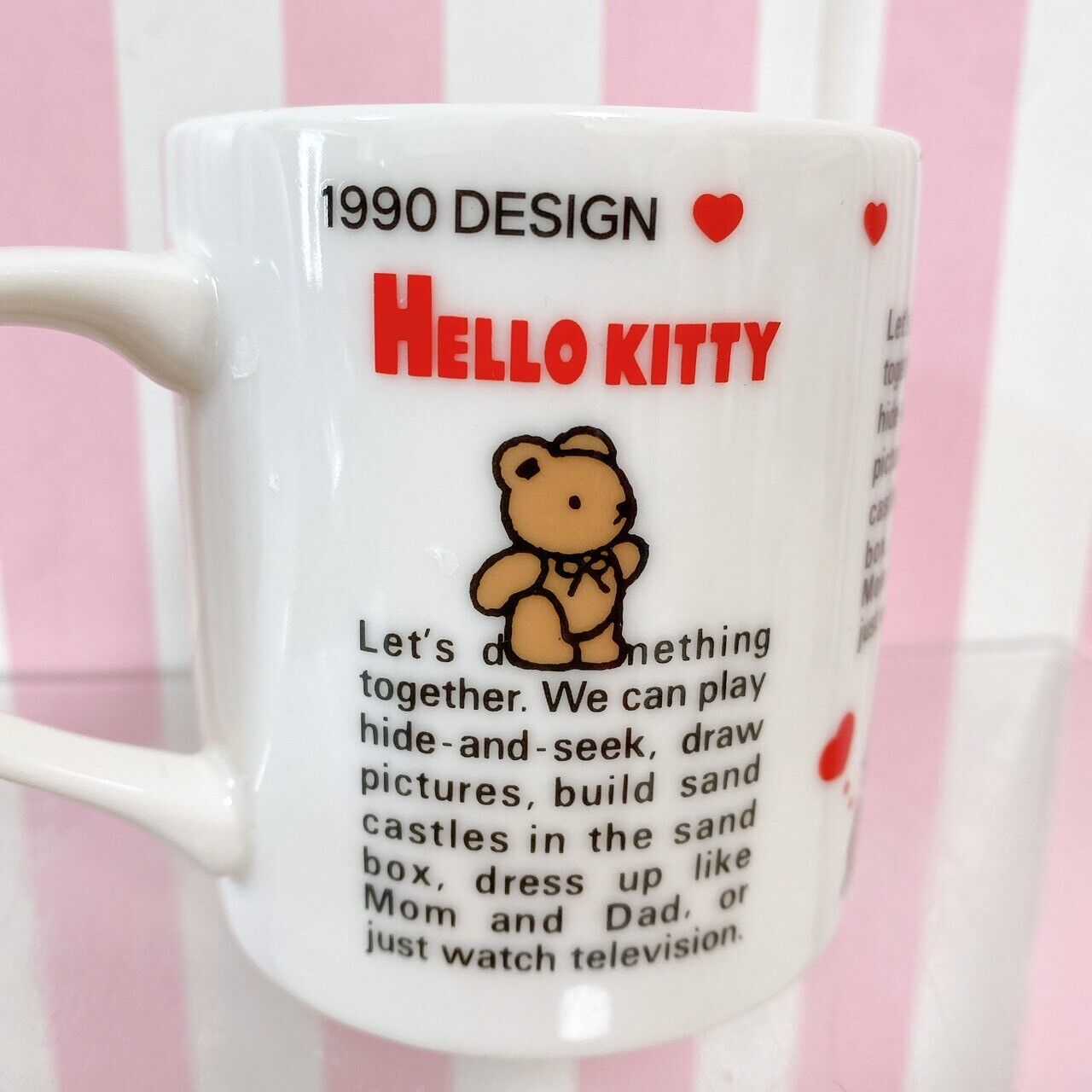 Sanrio Hello Kitty Mug Cup White Red Heart Cat Bear 1990 Design Vintage Rare