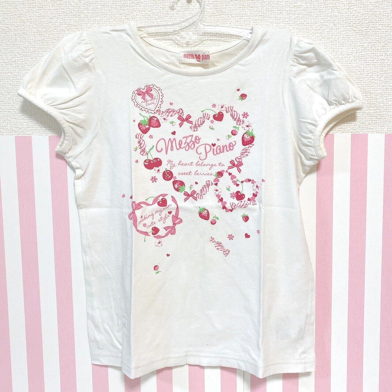 Mezzo Piano T-shirt Tops White 140cm Short Sleeve Heart Strawberry Cherry Ribbon