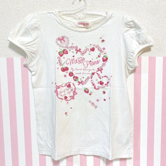 Mezzo Piano T-shirt Tops White 140cm Short Sleeve Heart Strawberry Cherry Ribbon