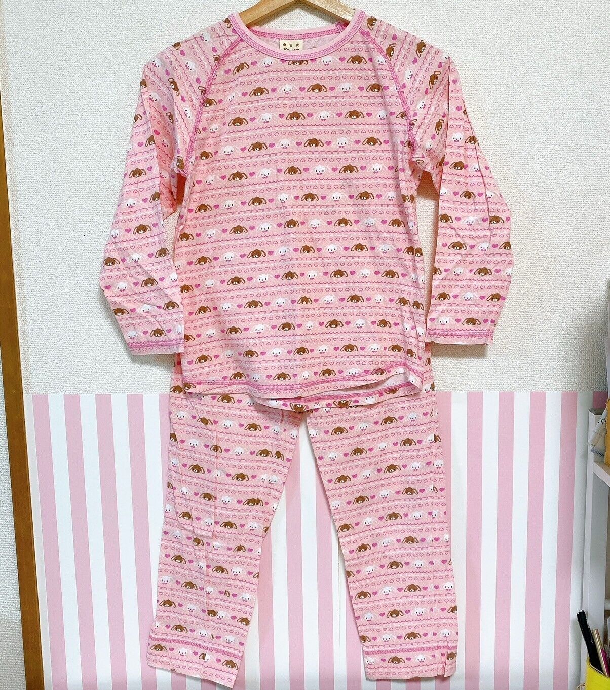 Sanrio Sugar Bunnies Pajamas Kids 140cm Pink Shirousa Kurousa Long Sleeve Heart