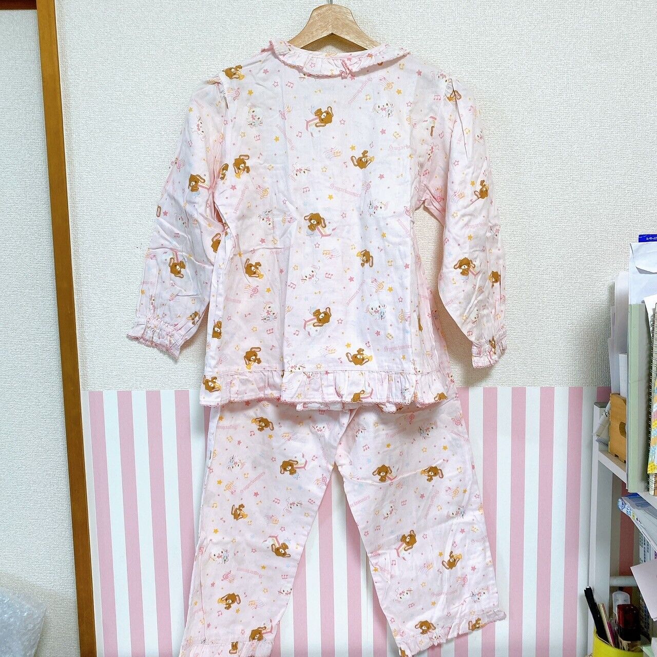 Sanrio Sugar Bunnies Pajamas Kids 140cm Pink Ribbon Frill Shirousa Kurousa Rare